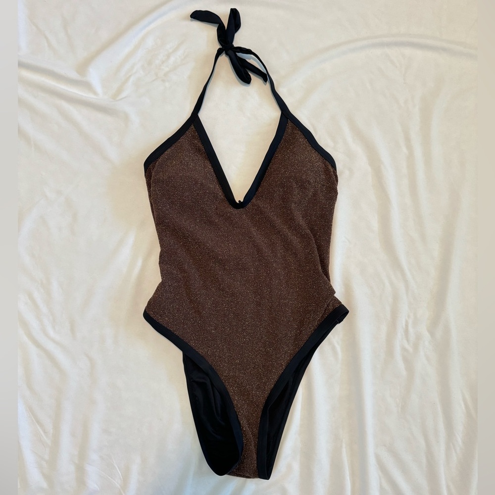 Cupshe x Jojo  Brown & Black Espresso Sparkly Halter One Piece Size XL NWT